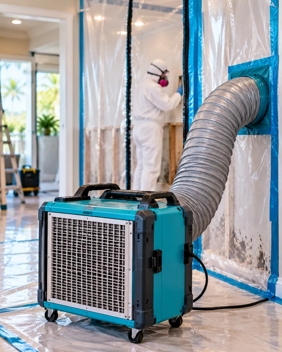 HEPA air scrubber and poly containment set up for mold remediation in Cloud Lake